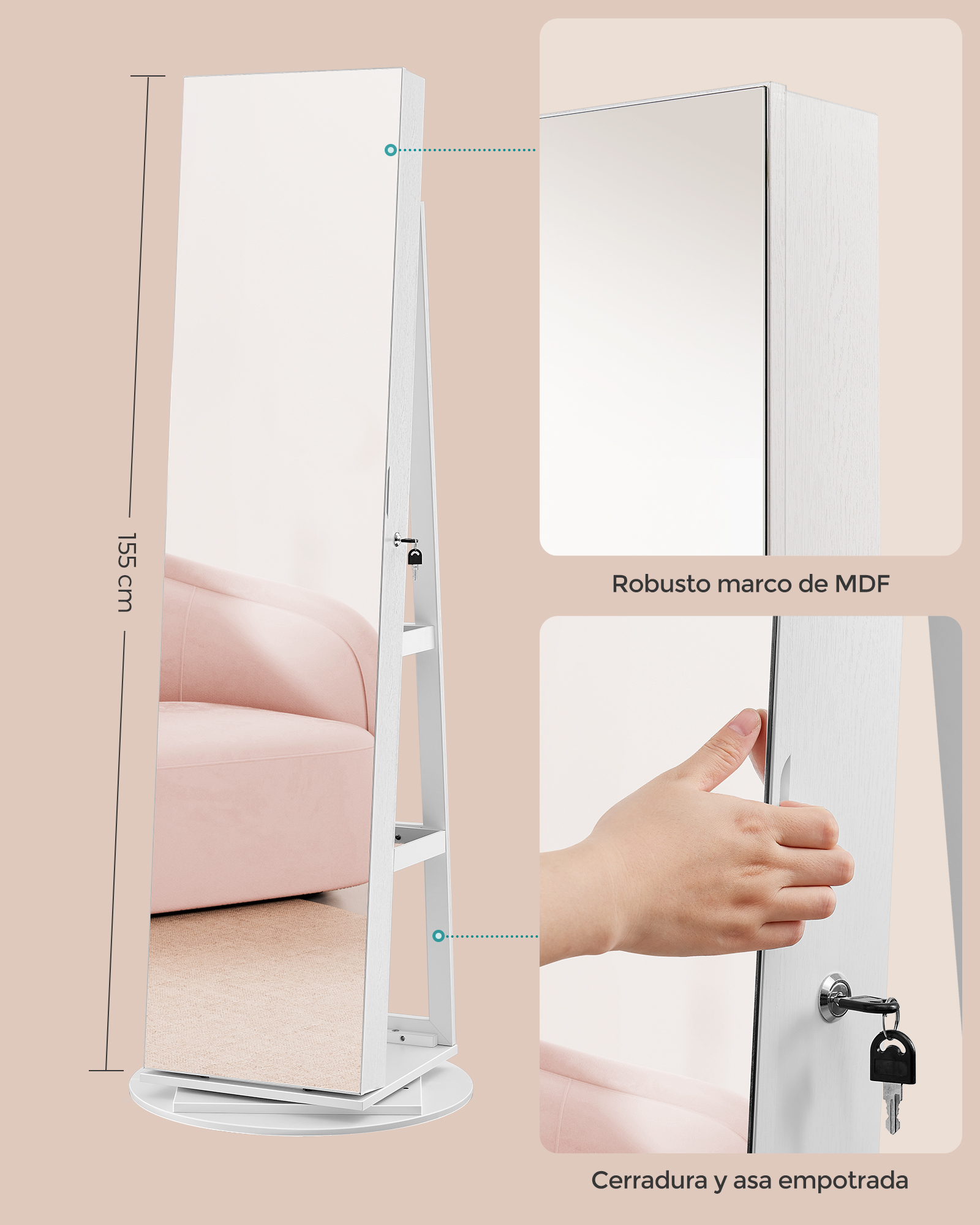 SONGMICS 6 LEDs Mirror Jewelry Cabinet, 360° Swivel Organizer, Lockable Free-Standing Full-Length Mirror with Storage