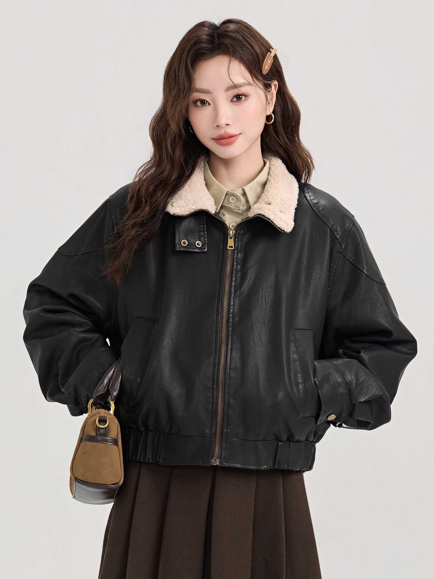 American Sle Short Leather Jacket Women's Biker Clothes Fur And Leather Integrated Autumn Winter High Sensation Miniature M...