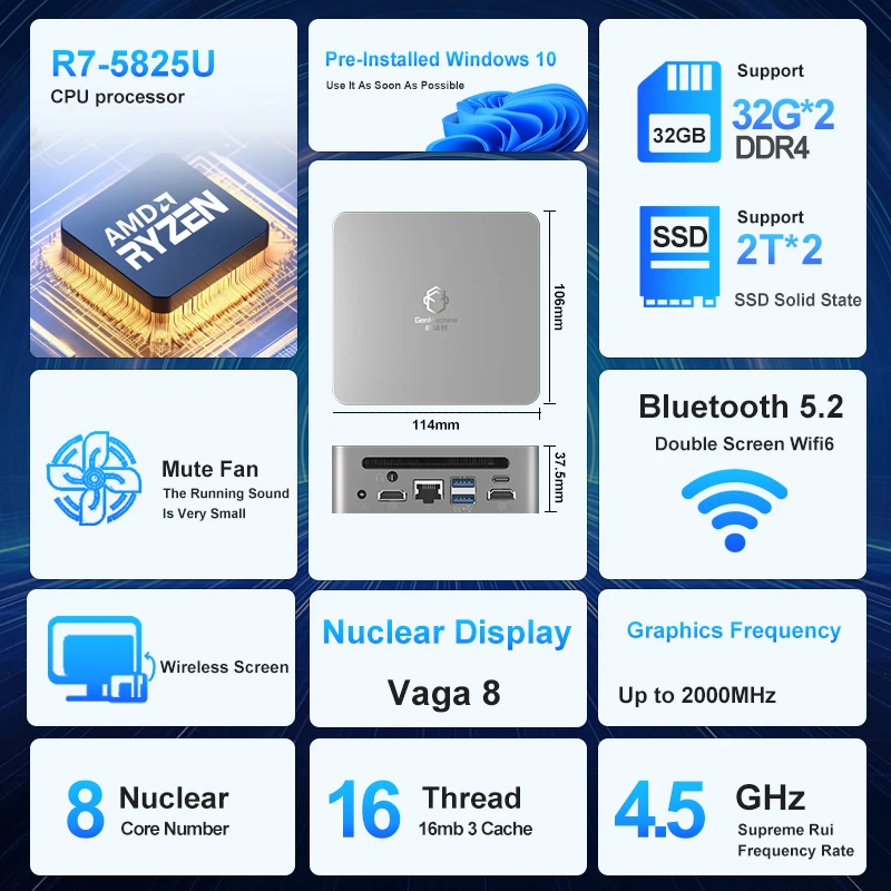 GenMachine New AMD Ryzen 7 5825U Windows 11  MINI PC DDR4 16/32GB 256/512GB SSD WIFI6 RTL8852, BT5.2 Desktop Gaming Computer