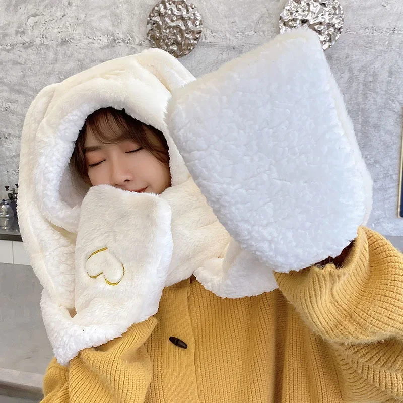 ใหม่แฟชั่นผ้าพันคอหมวกถุงมือผู้หญิงน่ารักหูใหญ่กระต่ายหมวกฤดูหนาว WARM Soft หนากระเป๋าอุ่นหูหมวก Hooded Skullie หมวก
