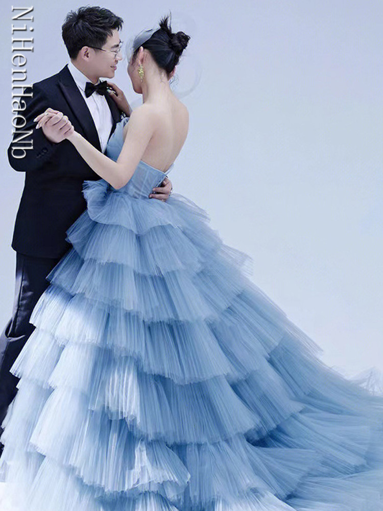 Princess Blue Quinceanera Dresses Strapless Multi-layer Evening Dress Sexy Sweep Tail Party Dress
