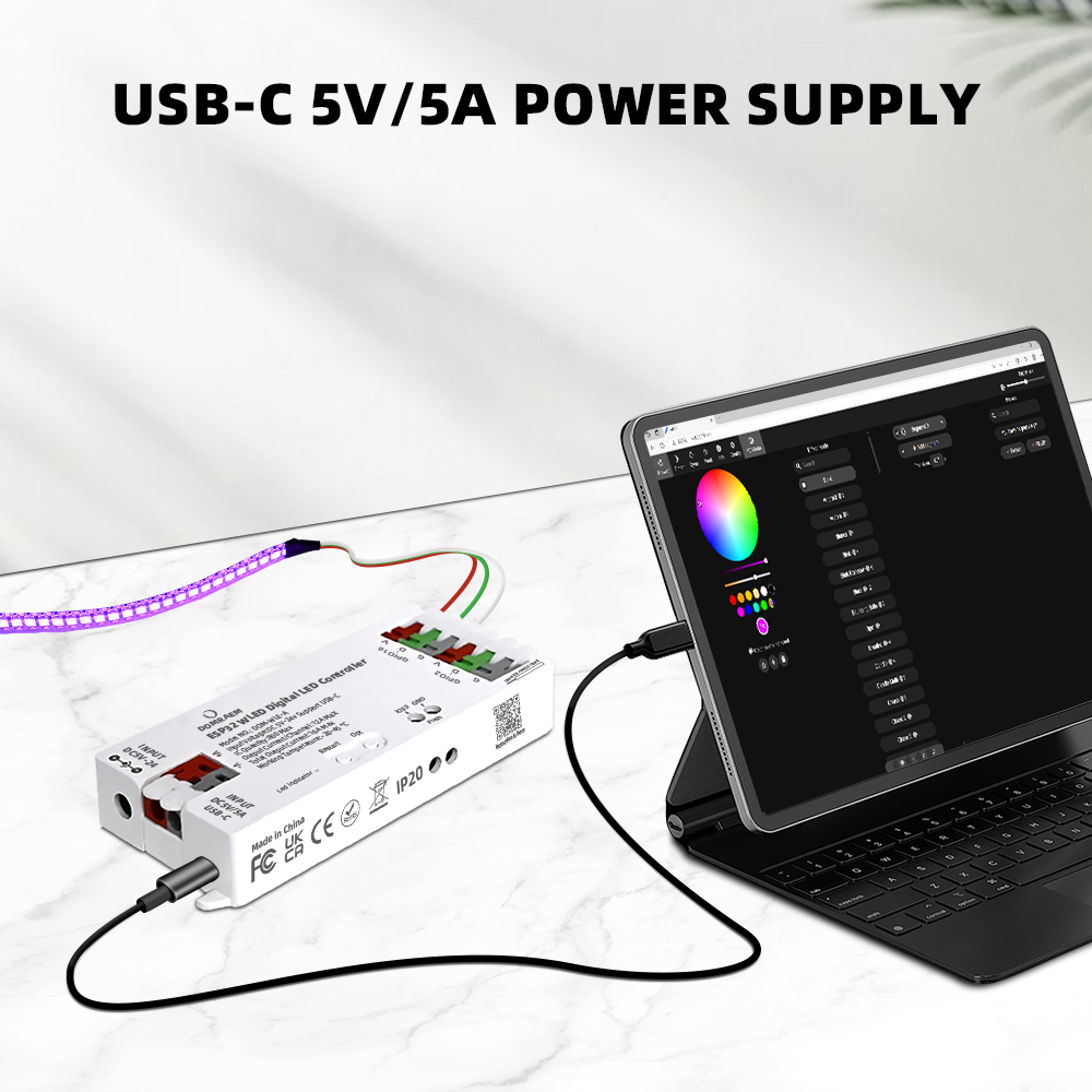 DOMRAEM ESP32 USB-C WLED Digital LED controller RGB IC DIY APP 16A fuse Works with HA/MQTT/Alex WS2811/12/12B/14/05 Sk6812 Strip