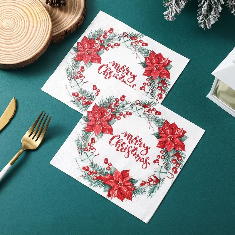 20pcs Christmas Collection Napkins Christmas Flowers Wreaths Colourful Printed Paper Placemats Butterfly Bone Bart Paper