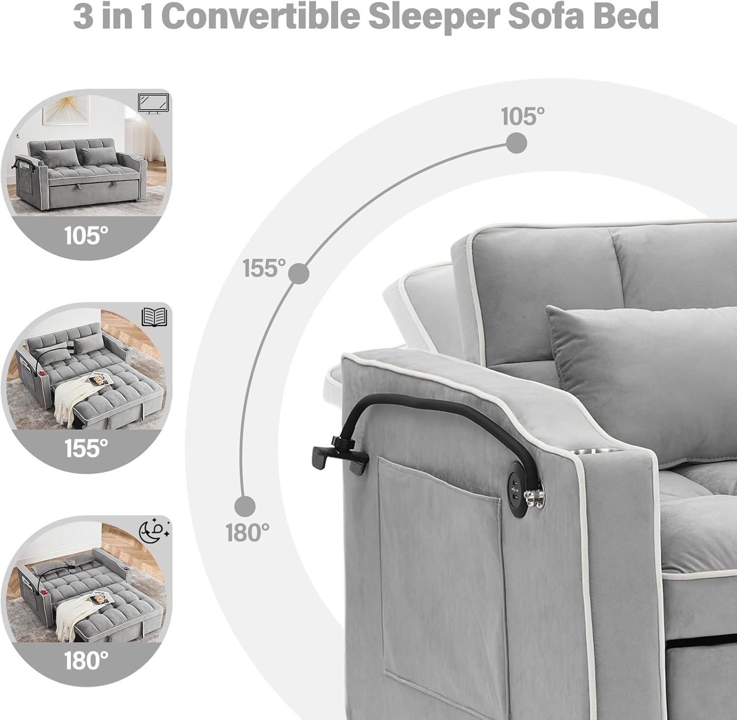 3 in 1 Sleeper Sofa Couch Bed,Velvet Convertible Loveseat Sleeper Sofa Bed,Pull Out Sofa Bed With USB Port Ashtray Swivel Phone