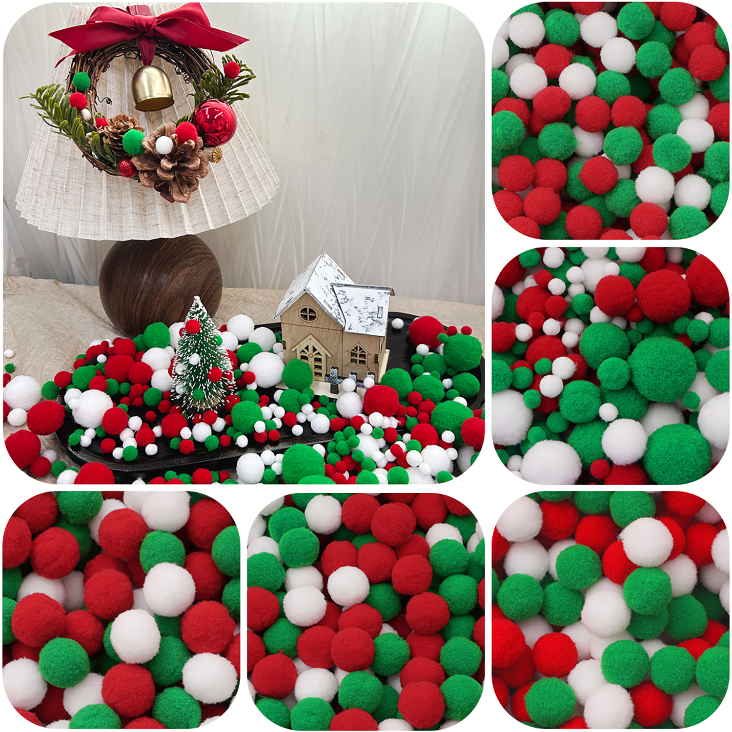 Weiße grüne rote Bommelfellknäuel zum Selbermachen, weiche Bommel, Basteln, Pomponen, Weihnachtskugel, Ornamente, zum Aufkleben auf Stoffzubehör, 8 mm bis 30 mm