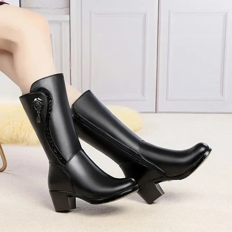 2024Winter Women's Boots Plush Warm Snow Boots Fashion Mid-calf High Heel Boots for Women High-quality Leather Boot Botas Mujer
