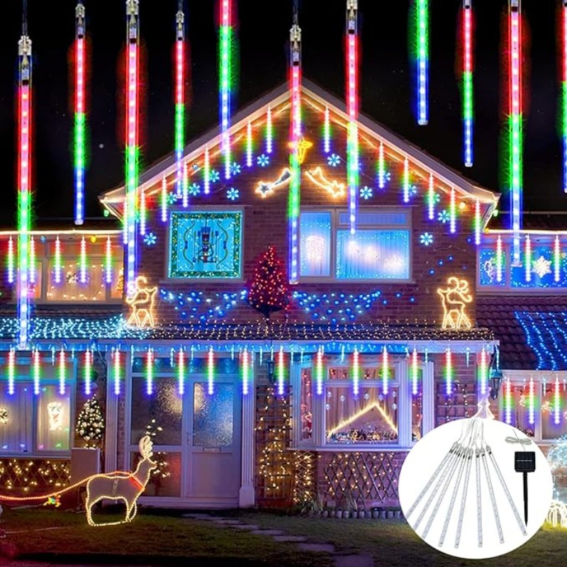 Solar Christmas Lights Outdoor 8 Tube LEDs Solar Meteor Shower Lights Hanging Christmas Light for Tree Icicle Garden Xmas Decor