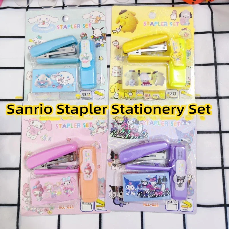 Sanrio Kuromi Cinnamoroll Melody Mini grapadora resaltadora conjunto estudiante Oficina pequeña grapadora Kawaii útiles escolares papelería conjunto