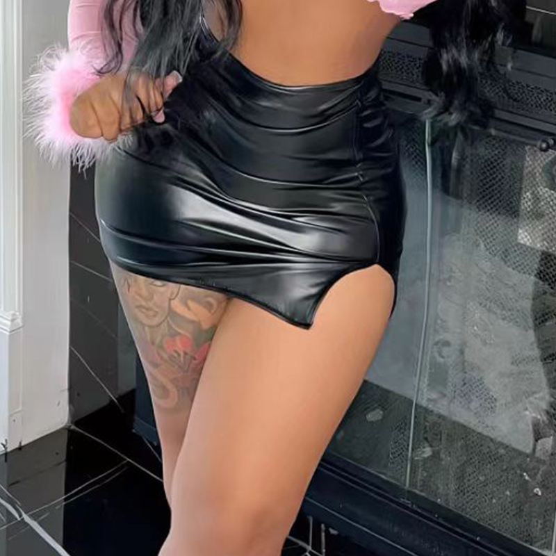 Falda Sexy de cintura alta envuelta en la cadera para mujer, falda corta dividida cómoda de cuero negro para mujer, vestido de fiesta para club nocturno