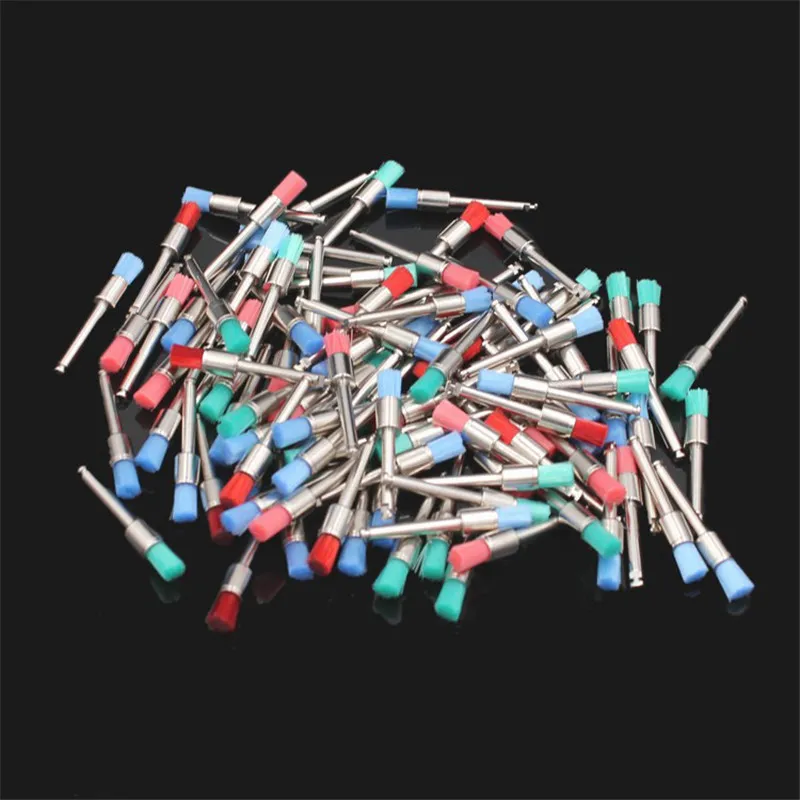 100 stks/doos Tandheelkunde Polijsten Borstel Nylon Platte Kop Klink Tanden Polish Prophy Borstels Voor Contra Hoek Machine Tandheelkundige Materiaal