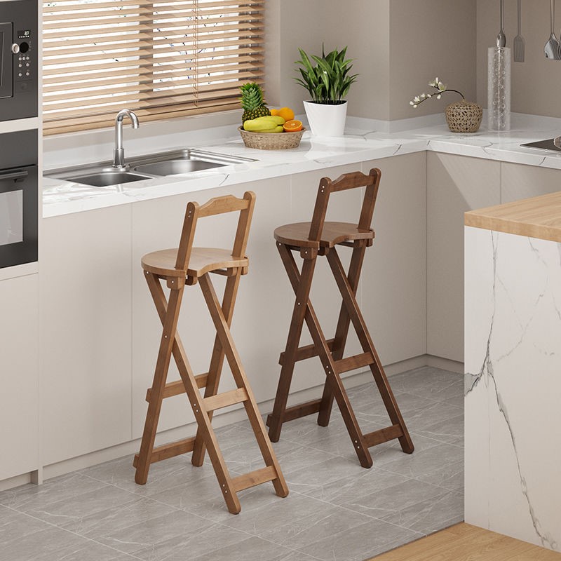 OMGD Foldable bar chair High stool Home checkout Bar Restaurant chair Living room backrest Solid wood modern simplicity