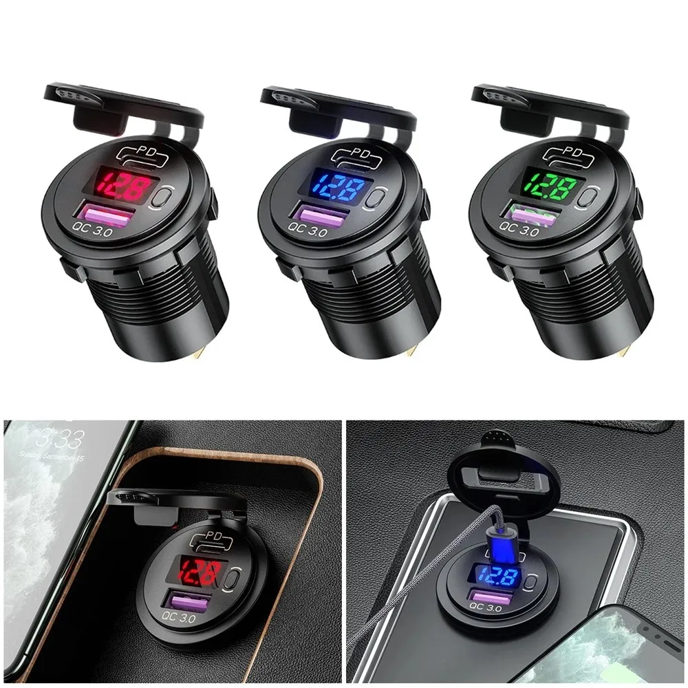 USB C Autolader Socket 12V/24V Dual USB Socket PD3.0 en QC3.0 Auto USB-poort met LED-voltmeter en aan/uit-schakelaar
