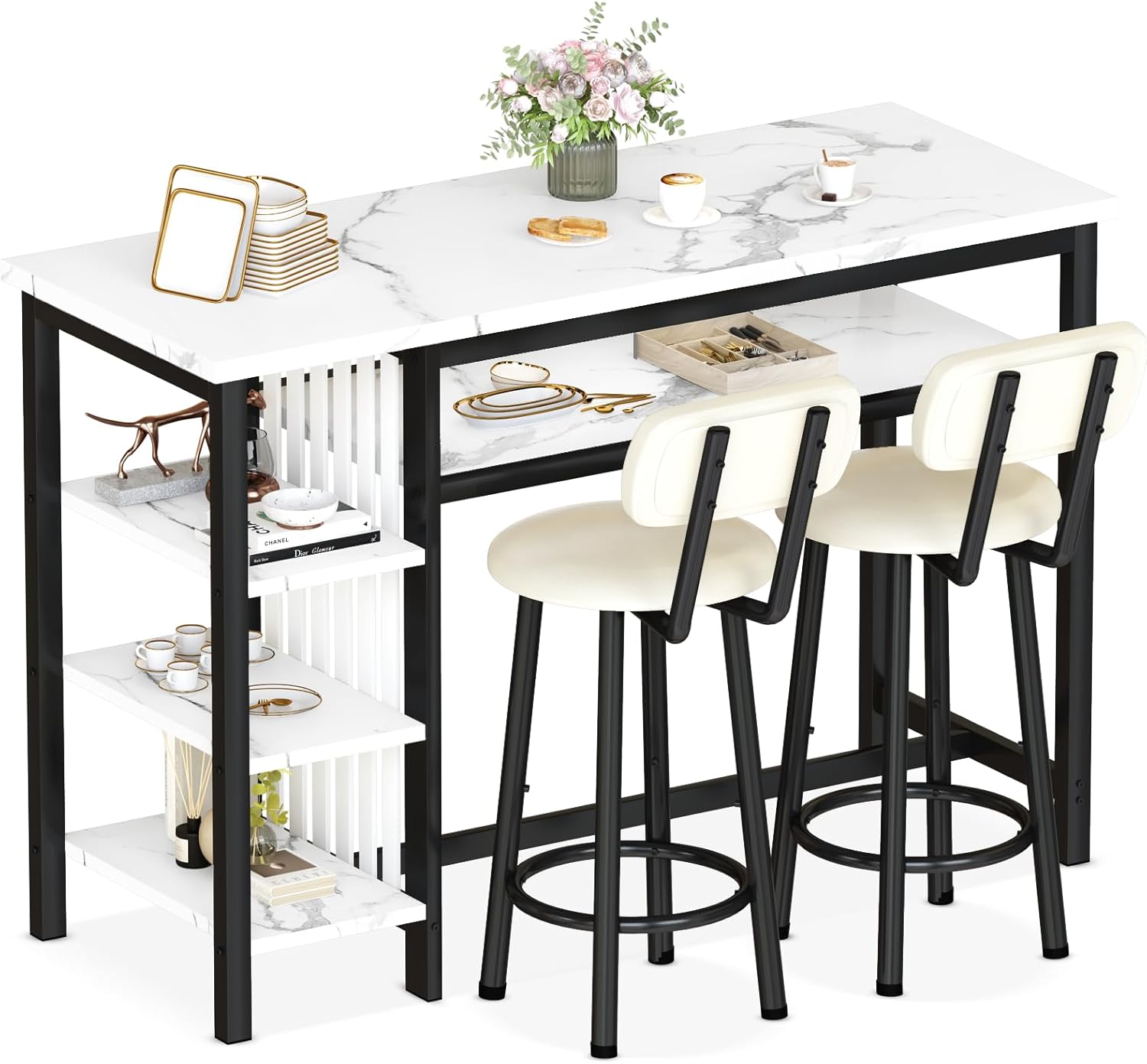 3-Piece Bar Table and Chairs Set,Modern White Faux Marble Table with 2 PU Cushion Bar Stools,3 Tier Storage Shelves, Black Frame