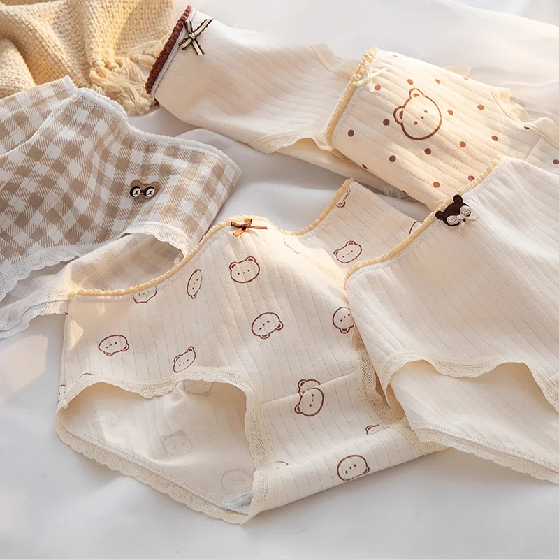 5 ชิ้น/เซ็ตการ์ตูนหมีน่ารักผ้าฝ้ายผู้หญิงกางเกง Breathable ชุดชั้นในกางเกงกลางเอวนุ่มหญิง Intimates ชุดชั้นในเซ็กซี่