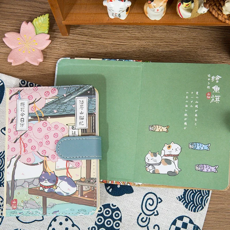 Kawaii Cat PU โน้ตบุ๊คแม่เหล็ก A6 ศิลปะญี่ปุ่นสไตล์ Diary Planner - น่ารักการ์ตูนสัตว์ของขวัญเครื่องเขียนสําหรับโรงเรียนสํานักงาน
