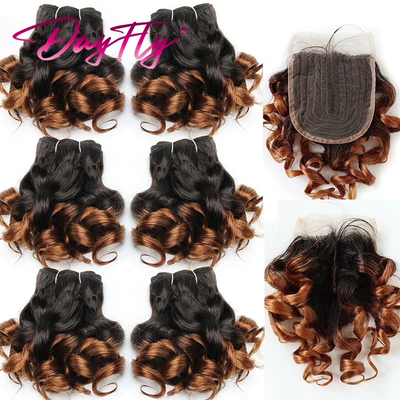 Pacotes de tecelagem de cabelo brasileiro com fechamento, Bouncy Curly Cabelo Humano, 4x1 T Part, 6 Pacotes de extensões de cabelo