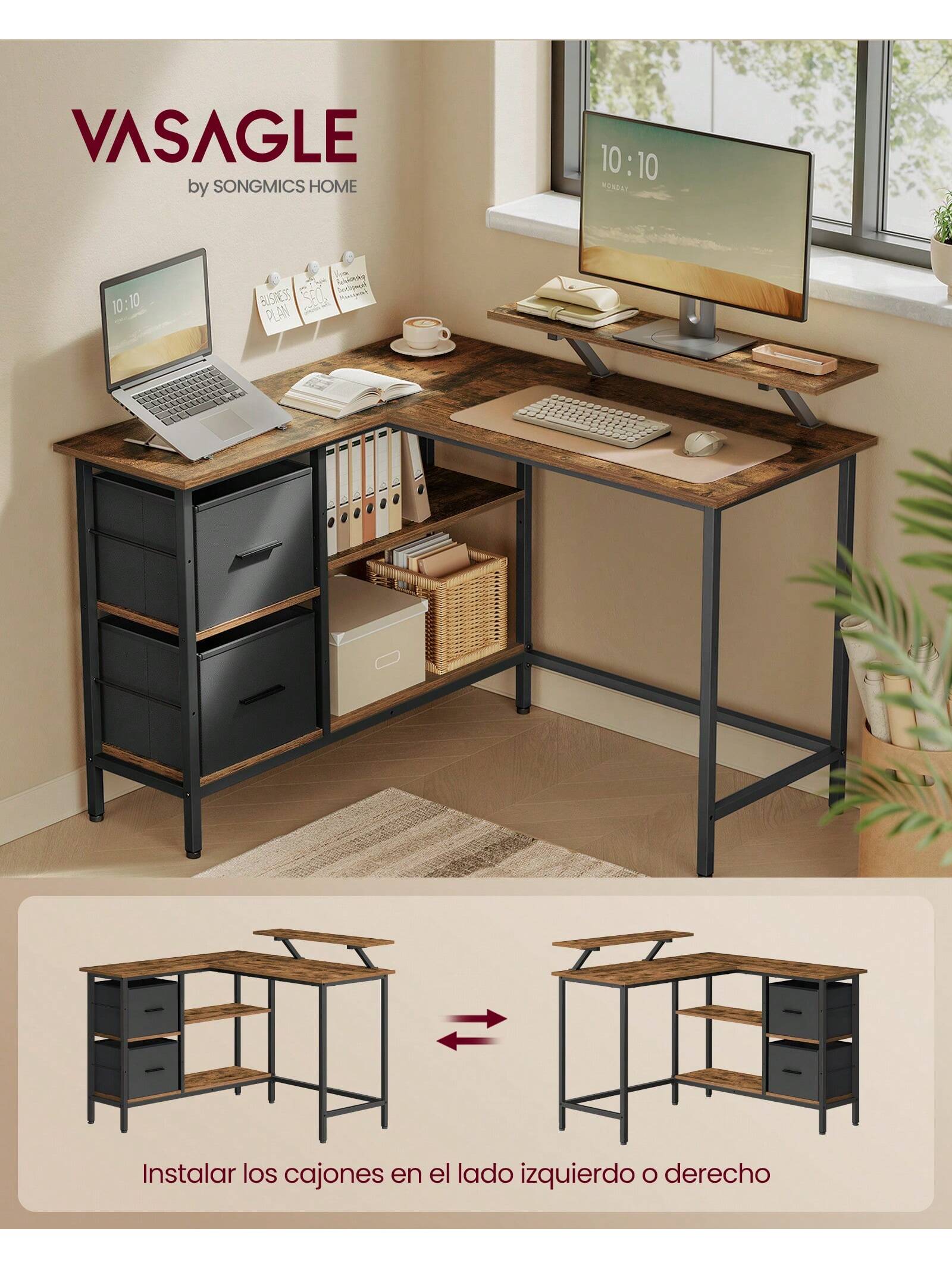 VASAGLE L-Shaped Desk: 2 Drawers, Monitor Stand. Corner/Gaming/Computer Desk. Adjustable Shelf. Home Office. Rustic Brown.