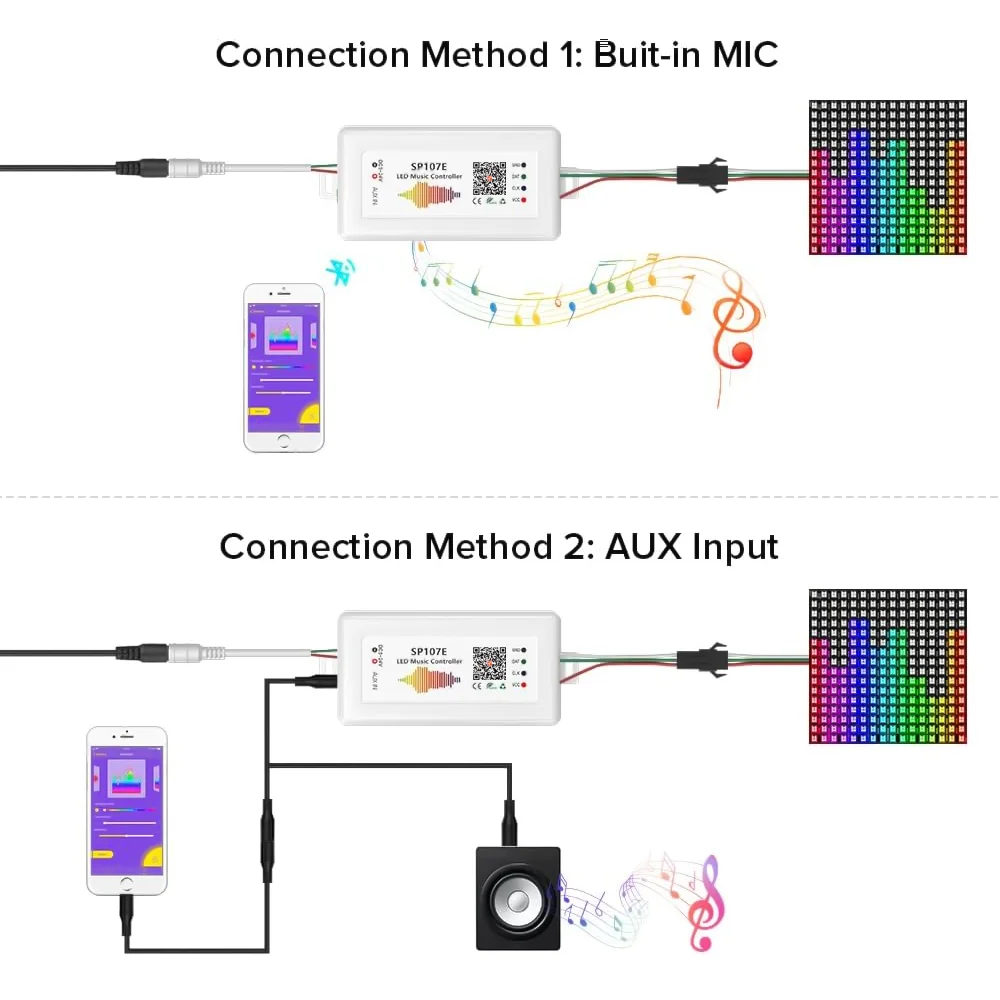 SP107E DC5-24V LED Music Controller With Wireless Bluetooth-compatible SPI Full Color Music Control By Phone APP For WS2812B