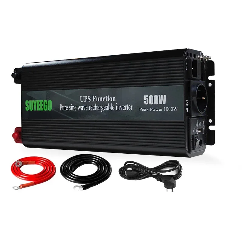 Inversor de corriente de onda sinusoidal pura para coche, inversor de corriente UPS de 500W CC de 12v a CA 220v, enchufe europeo, convertidor de voltaje de carga de batería para coche