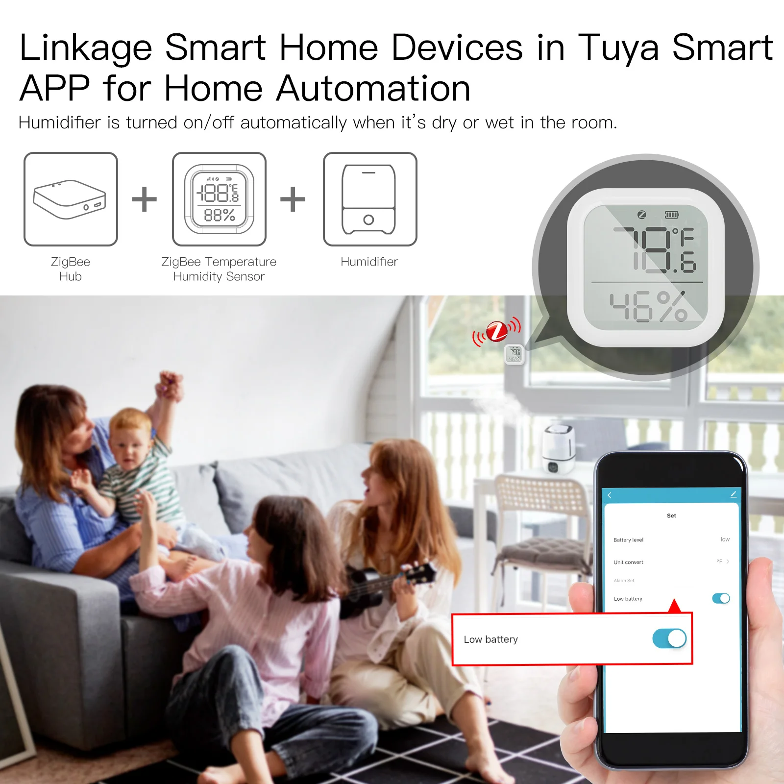 MOES Tuya ZigBee Sensor de temperatura e umidade para casa inteligente com tela LED funciona com Google Assistant e Tuya Zigbee Hub