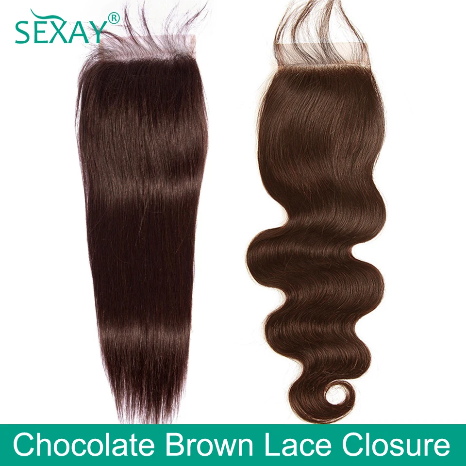 Chocolate Brown Lace Closure Free Part 100% Sexay Silky Straight Pre Colored Human Hair Swiss Lace 4x4 Transparent Lace Closures
