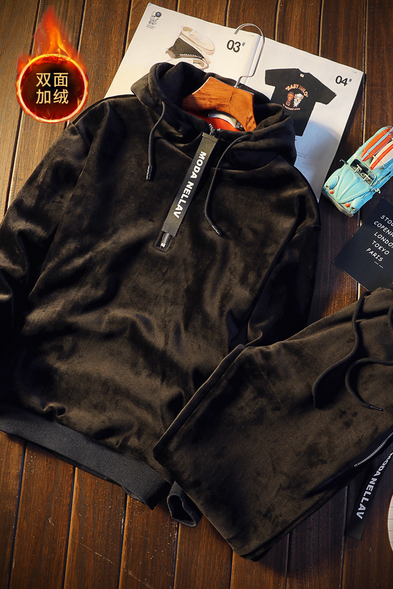 Sweat à capuche Double face avec pantalon pour homme, costume d'hiver en velours, ensemble deux pièces en velours doré pour loisirs, nouvelle collection automne