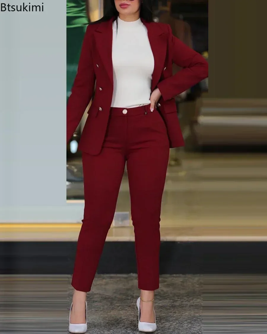 Neue 2025 Formale Büro Hose Sets Frauen 2PCS Zweireiher Solide Blazer Jacke und Hosen Zwei Stücke Set Weibliche Hose anzüge Sets