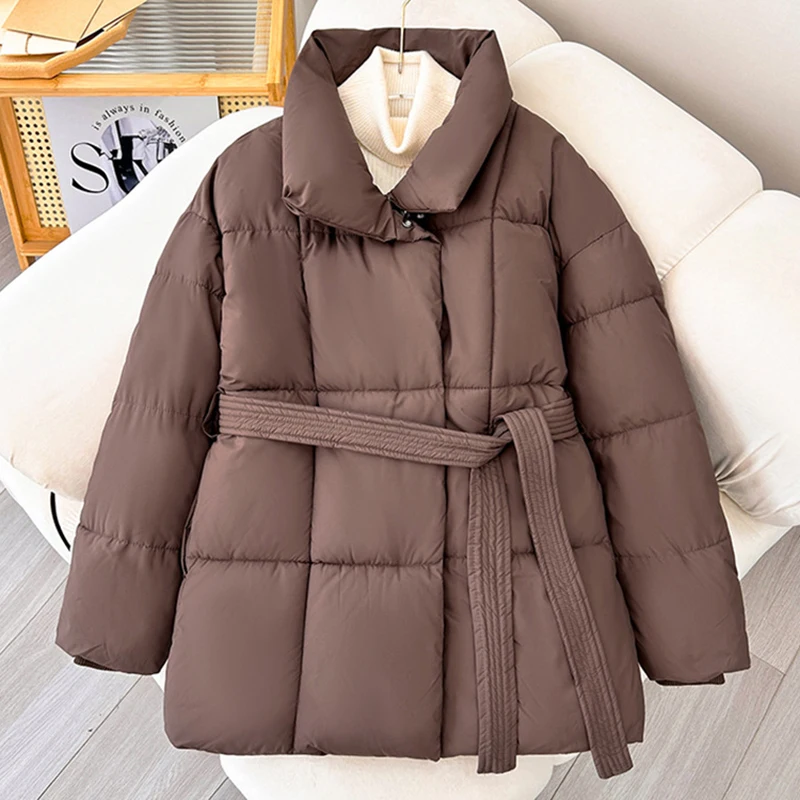 2024 com cinto jaqueta feminina jaqueta de inverno mulher parkas sólido engrossar quente feminino neve usar casaco algodão acolchoado outwear roupas