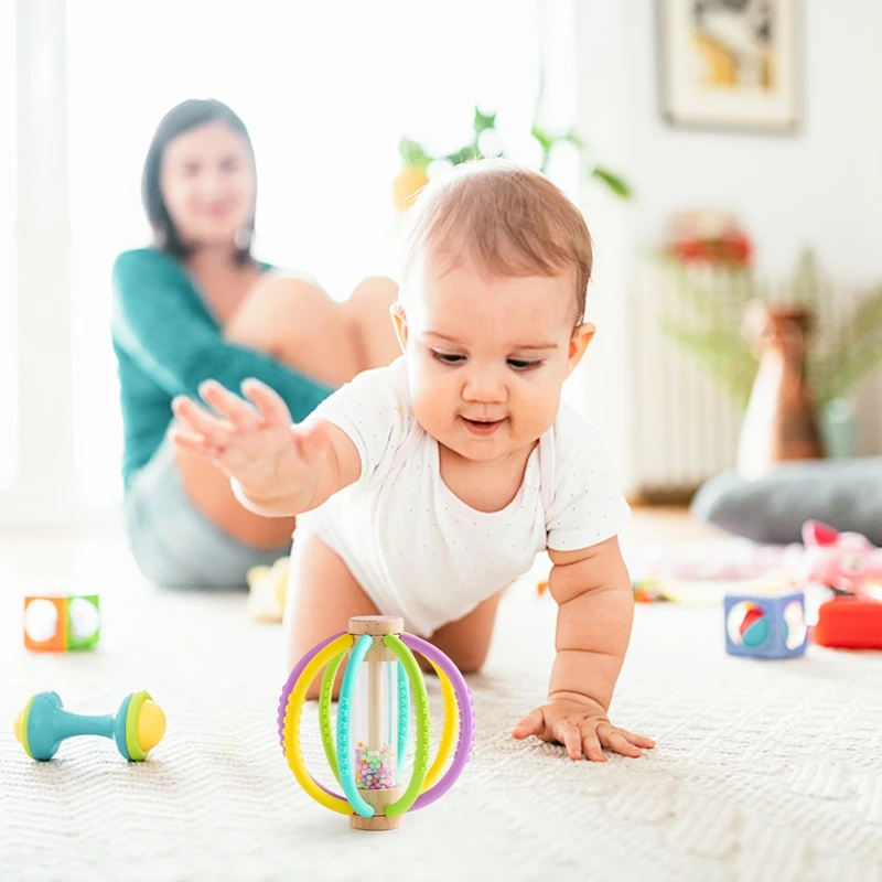 아기 딸랑이 장난감 나무 Teether 침대 벨 실리콘 몬테소리 공 아기 감각 터치 장난감 아이 치과 치료 껌 손 ​ 어금니 스틱 선물