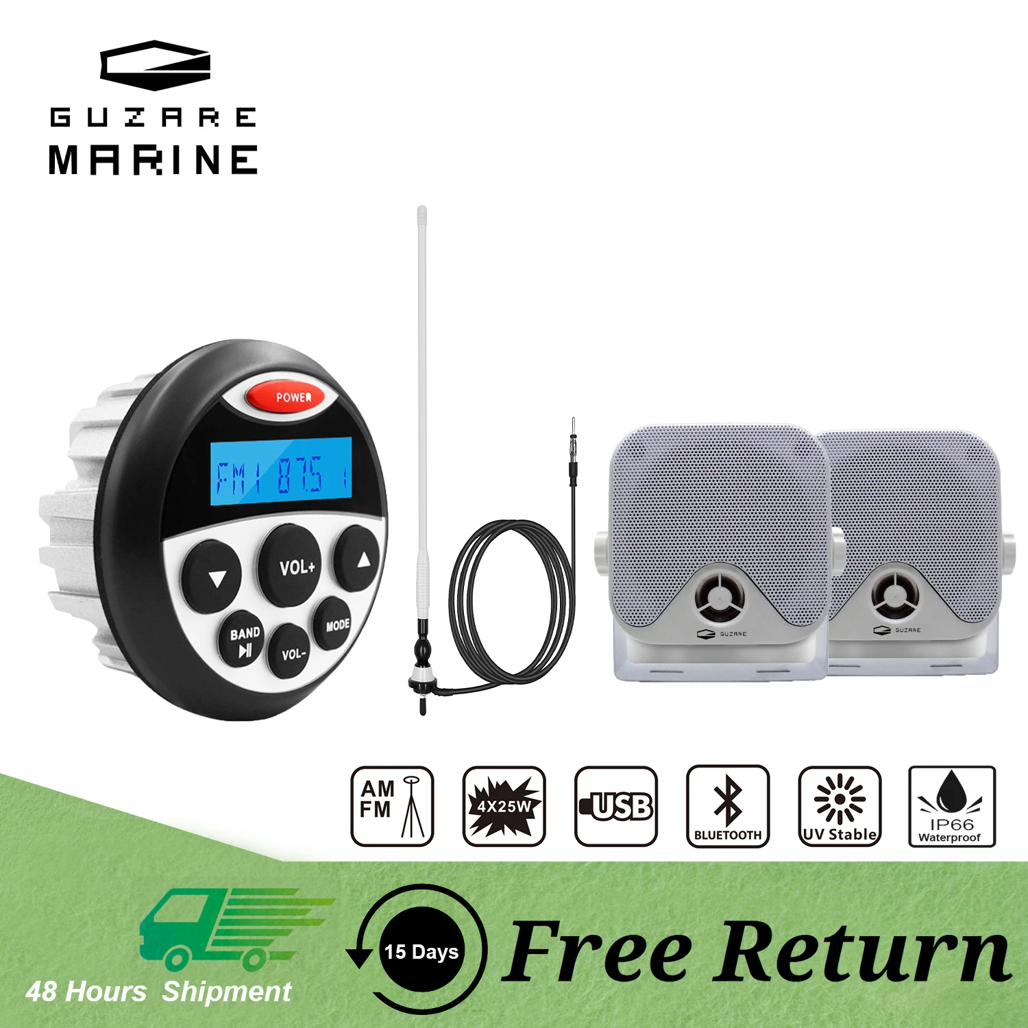 Guzare Marine Stereo Radio USB Bluetooth, Bootslautsprecher wasserdicht, UKW-Antenne, nautisches Audiosystem für ATVs, Jetski, Pavillons