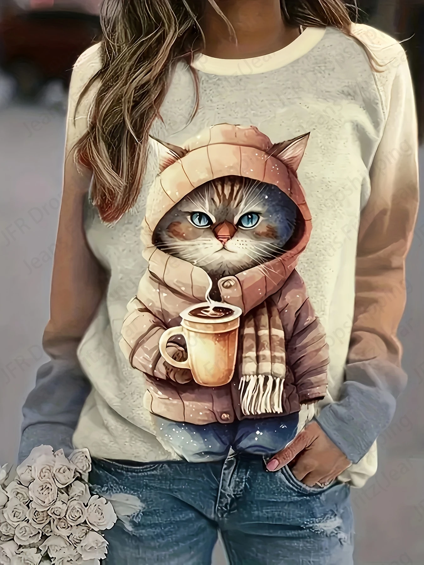 Sudadera con capucha con estampado 3d de gato y café para mujer, sudaderas informales con cuello redondo a la moda, sudaderas con animales y gatos, abrigos para niña, sudaderas para mujer, ropa femenina