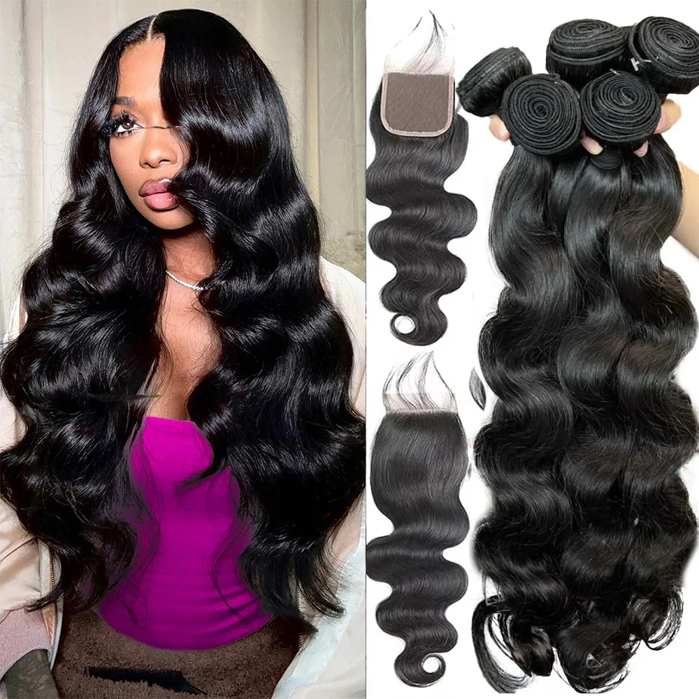 Pacotes de cabelo humano com fechamento onda do corpo brasileiro virgem tecer cabelo humano 3 pacotes com fechamento de renda 4x4 cor preta natural