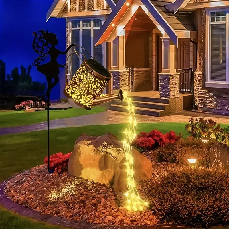 Luzes de fadas de rega movidas a energia solar vintage metal pendurado chaleira lanterna decoração do jardim ao ar livre para quintal pátio villa decoração