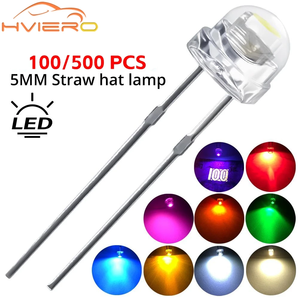 100/500 pz 5mm Cappello di Paglia Bianco Verde Blu Giallo Smd Smt Led Acqua Trasparente Luminoso Grandangolo Diodo Emettitore Lampadina luci FAI DA TE tallone