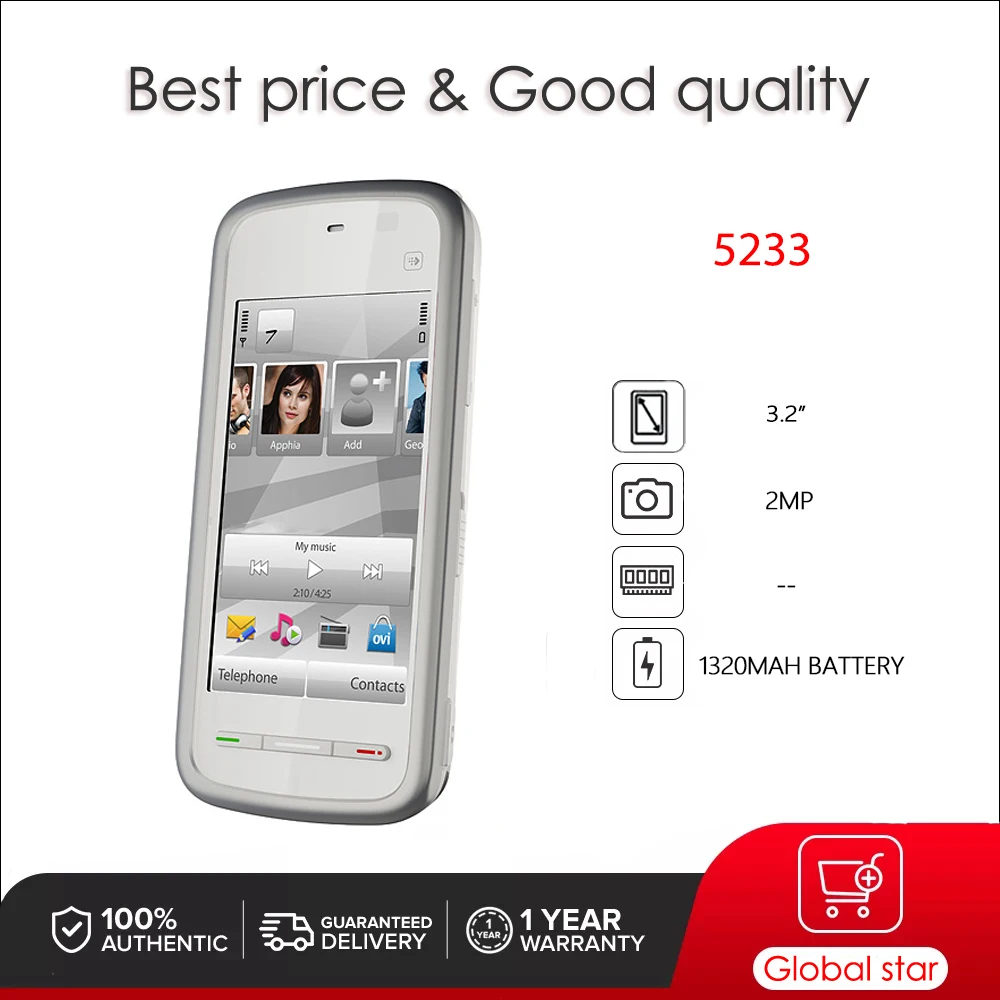 Original 5233 Loudspeaker FM radio CellPhone Russian Arabic Hebrew Keyboard Made in Finland Unlocked