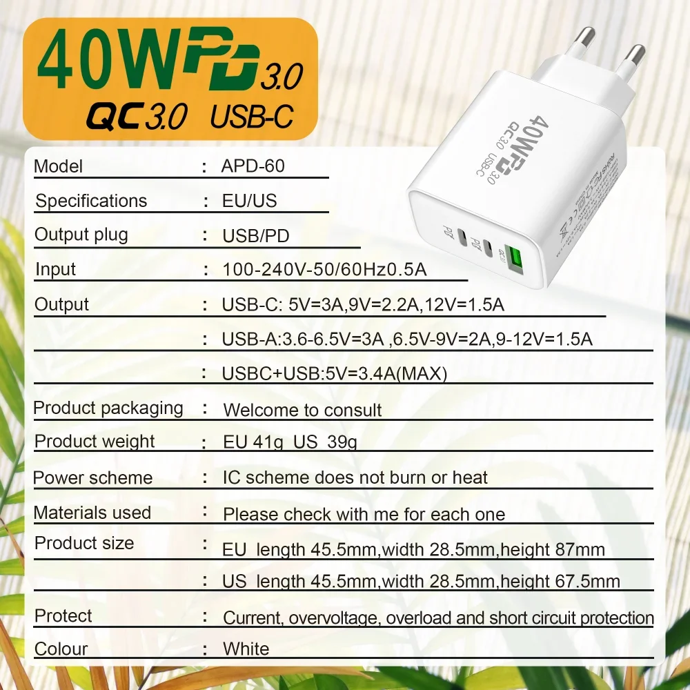 Cargador USB C 40W para teléfono móvil tipo C PD carga rápida carga rápida de alta velocidad 3,0 adaptador de pared múltiples puertos para iPhone Xiaomi