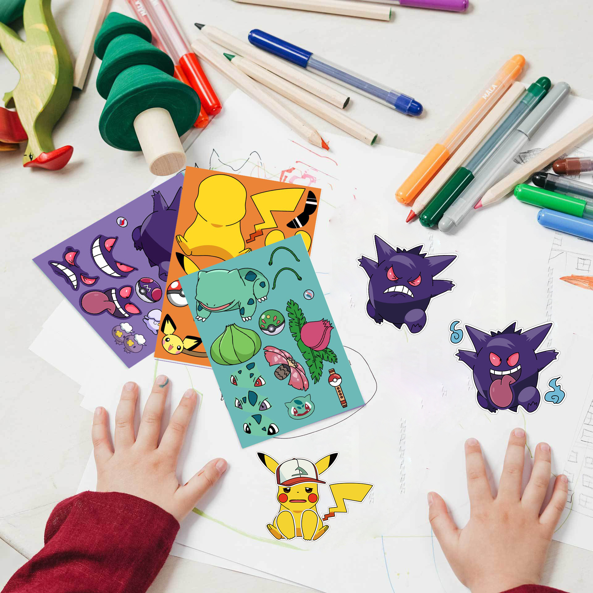 8 sztuk Pokemon zrób twarz naklejki DIY Kawaii Anime rysunek Pikachu naklejki wyrażenie naklejki śmieszne Puzzle zabawki edukacyjne dla dzieci