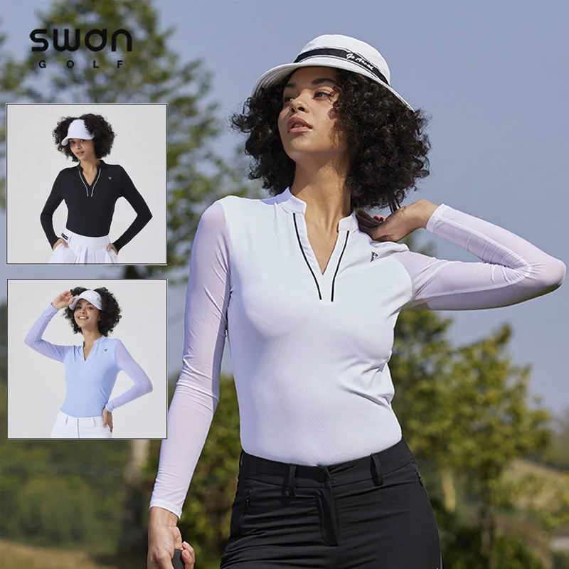 SG kaus Golf pendingin musim panas wanita, baju Golf lengan panjang Anti-uv, kaus kerah berdiri leher V untuk Olahraga