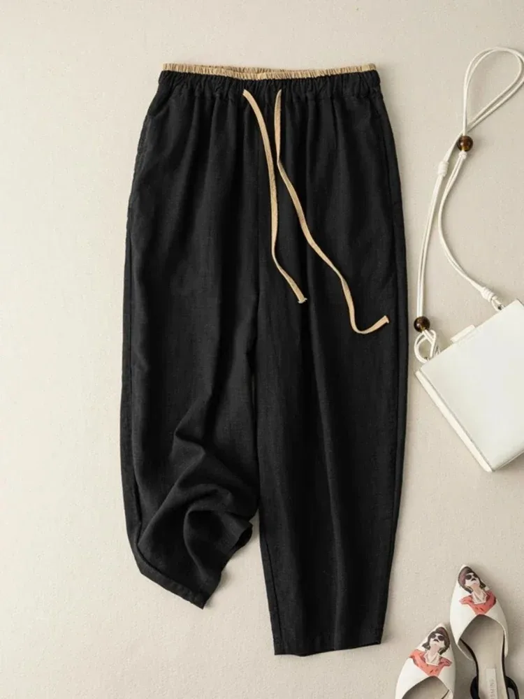 Pantalon de transport rétro, version coréenne, style minimaliste, pantalon décontracté à jambes larges en coton et lin, jambe droite ample suspendue pour femmes