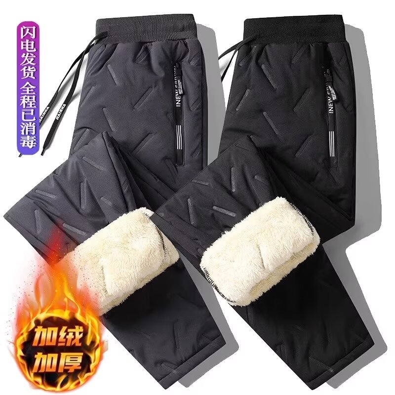 Inverno zip bolsos engrossar velo sweatpants mulheres corredores preto cinza para baixo algodão calças quentes masculino à prova de água calças térmicas