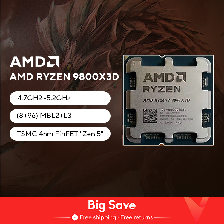 AMD Ryzen™ 7 9800X3D New Processor , 3D V-Cache  8C/16T 120W up to 5.2 GHz, L3=96M 100-100001084 Socket AM5 but without cooler