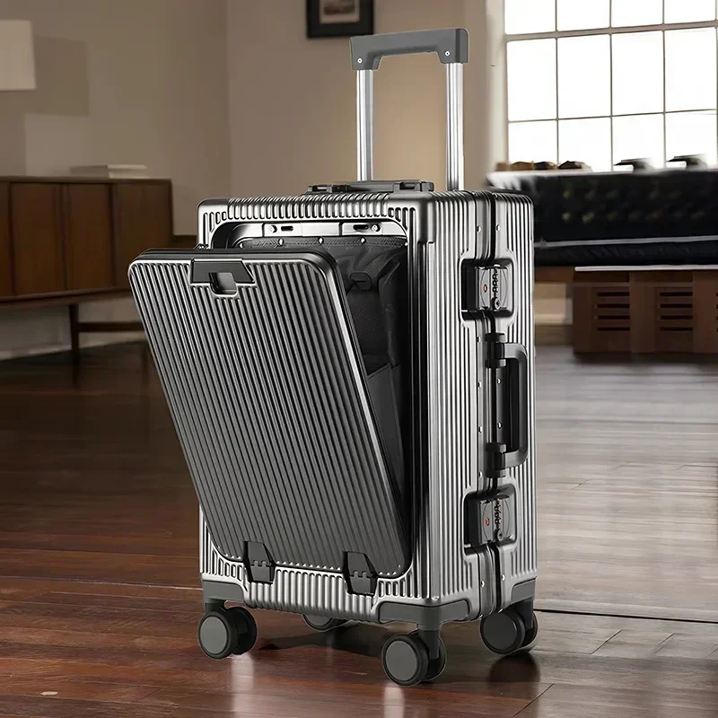 Trolley-Koffer mit Aluminiumrahmen, USB-Aufladung, Bordfrontöffnung, großes Fassungsvermögen, Rollgepäckkoffer, Koffer mit Getränkehaltern