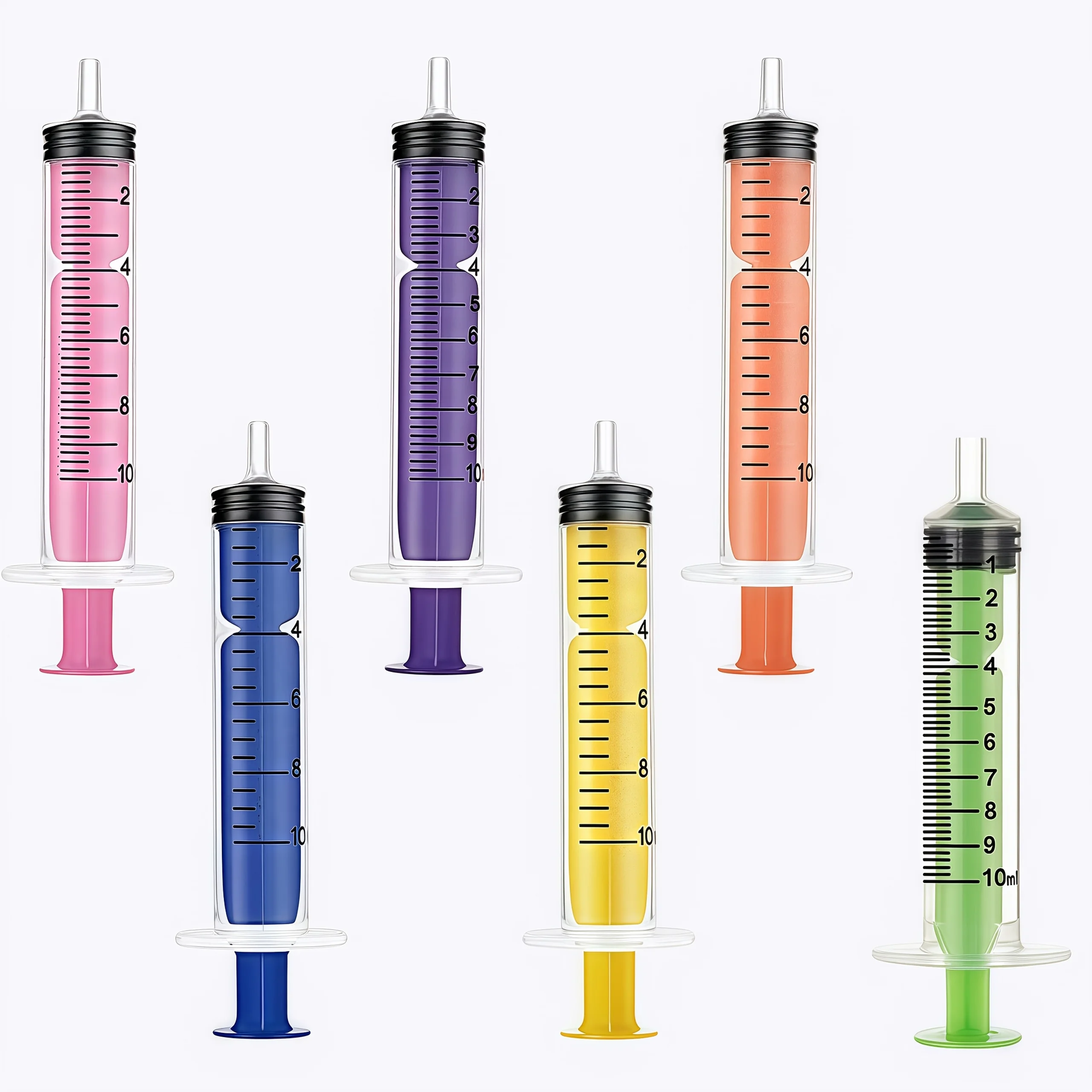6 peças de seringa colorida de 10ml com tampas, adequada para cola, distribuição e medição de líquidos, alimentação de alimentos para animais de estimação, recarga