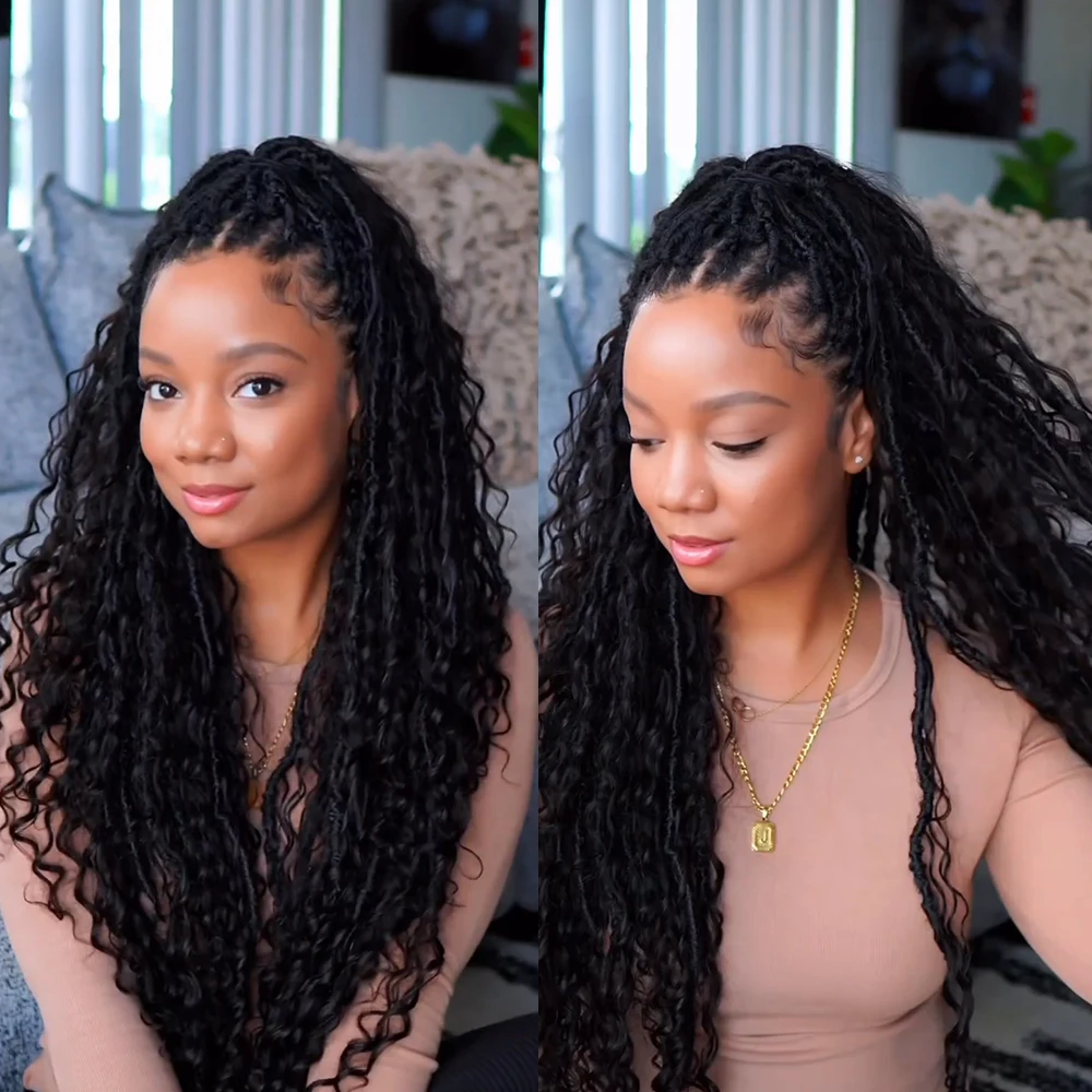 เส้นผมมนุษย์เทพธิดา Boho locs โครเชต์ผม pre looped โครเชต์ Boho dreadlocks เส้นผมมนุษย์ปลายหยิกต่อผมเปีย