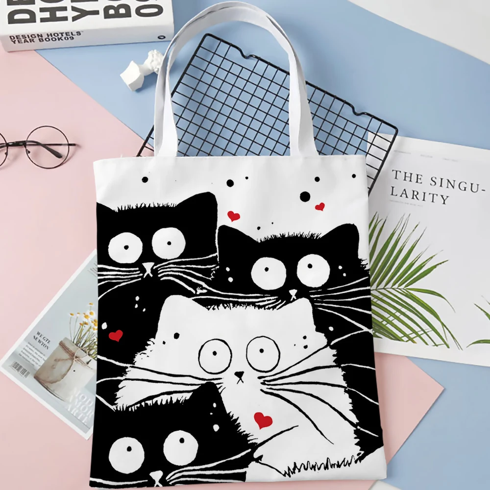 Andeiltech-再利用可能な女性用トートバッグ,かわいい猫の食料品の買い物,女子高生の贈り物,美的,ジッパーなし