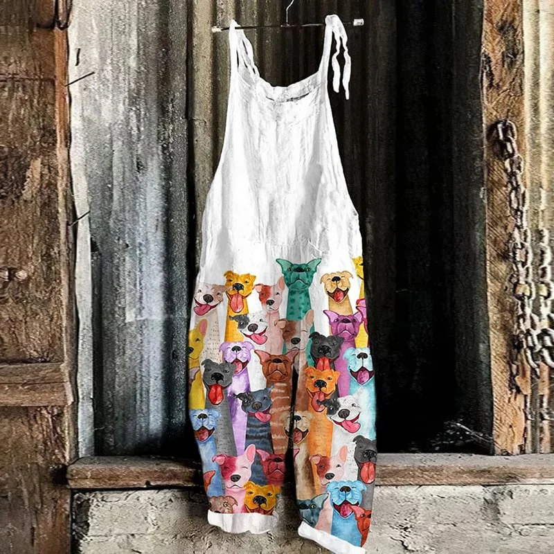 2024 Nieuwe Dames Zomer Chic Vintage Jumpsuit Leuke Hond 3D Gedrukt Tie Terug Broek Comfortabel Casual Plus Size Jumpsuit Dames