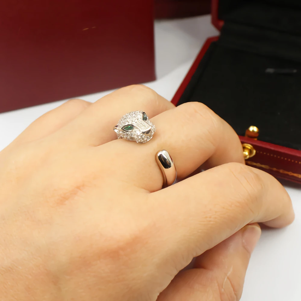 Anillos de cabeza de leopardo bonitos de cristal fino de Plata de Ley 925 de lujo para mujer, accesorios de boda a la moda, joyería, regalos de navidad