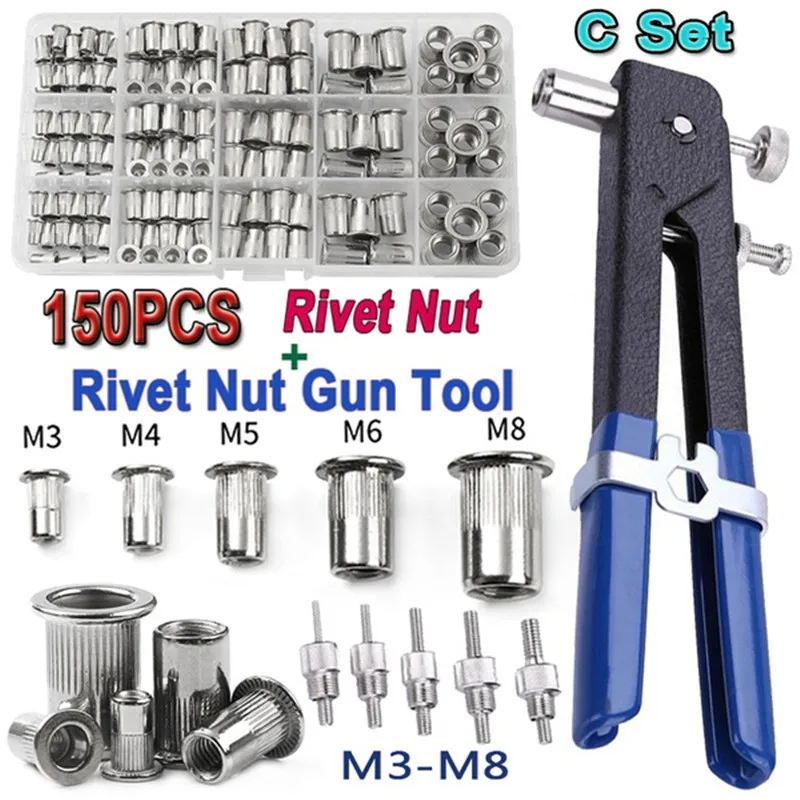 150 sztuk nitonakrętki szczypce zestaw trzpieni M3/M4/M5/M6/M8 nakrętka nit trzpienie Repairtool nitonakrętka śruba z łbem płaskim Pop nakrętka zestaw szczypiec do nitów