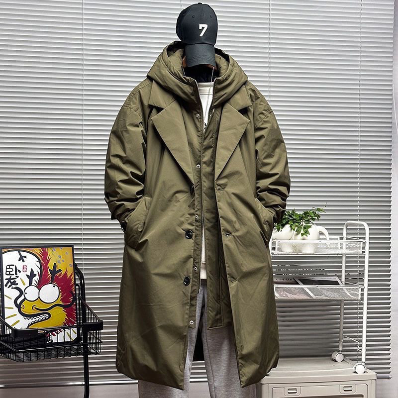 Casaco masculino de comprimento médio inverno com capuz novo duas peças estilo coreano blusão quente engrossar roupas de algodão casaco