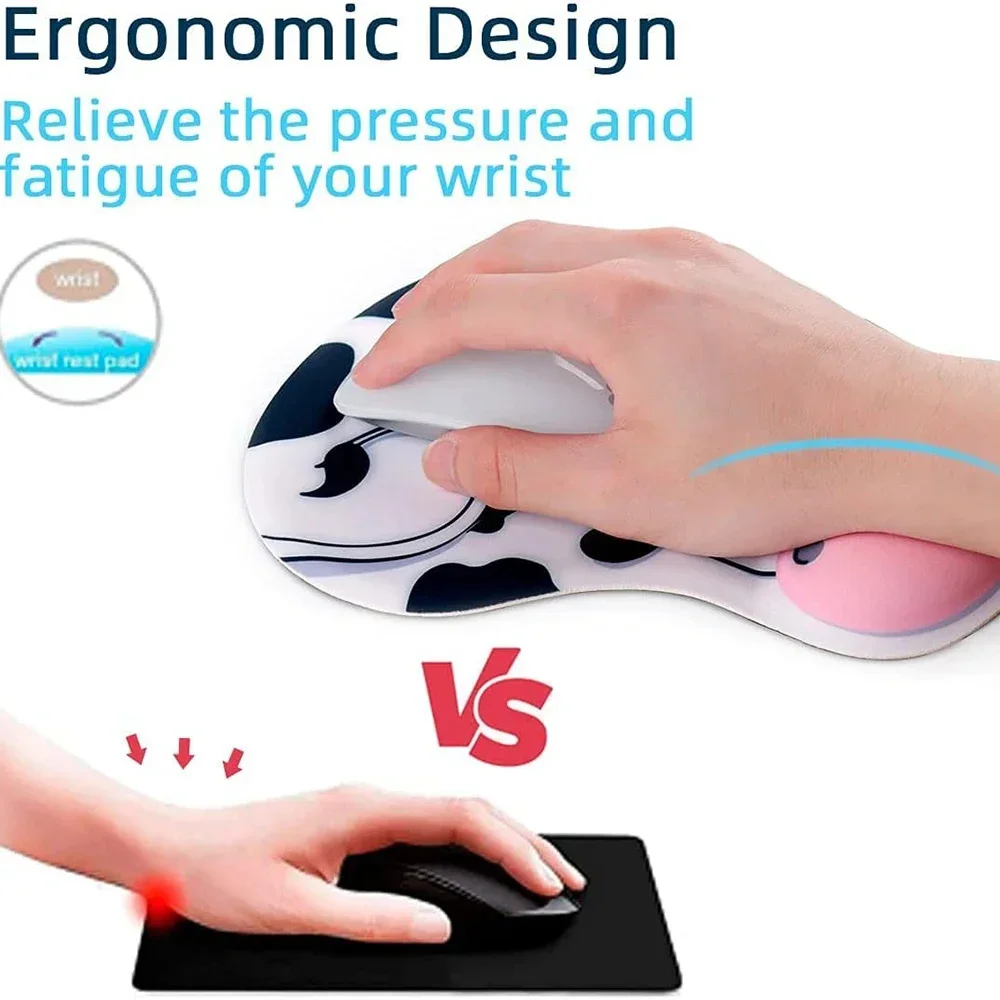 Tappetino per mouse 1PC, tappetino per mouse ergonomico per mucca con supporto per il polso, tappetino per mouse con base in gomma antiscivolo con supporto per il polso per computer